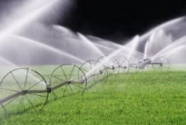 campo largo verde com rodas de irrigação por aspersão jogando água para cima e regando a grama verde do campo