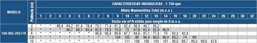 Tabela de Rendimento da bomba BPI-FIT 100-065-200 4POLOS