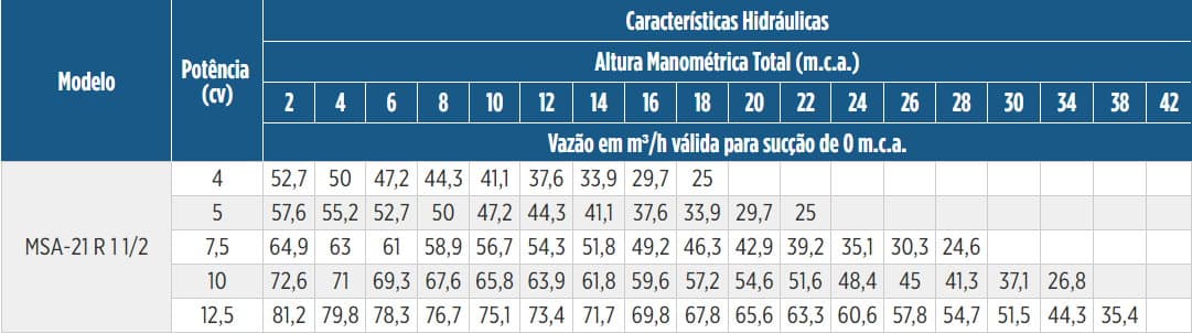 Tabela de Rendimento da bomba MSA-21 R 1 1/2
