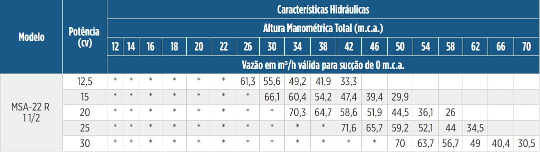 Tabela de Rendimento da bomba MSA-22 R 1 1/2