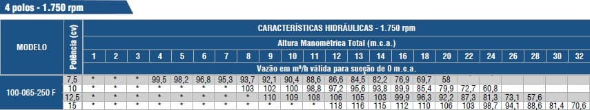 Tabela de Rendimento da bomba BPI-FIT 100-065-250 4POLOS