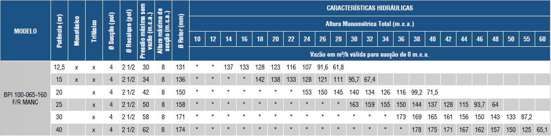 foto da tabela de rentimento da bomba  bpi fit 100-065-160 f/r